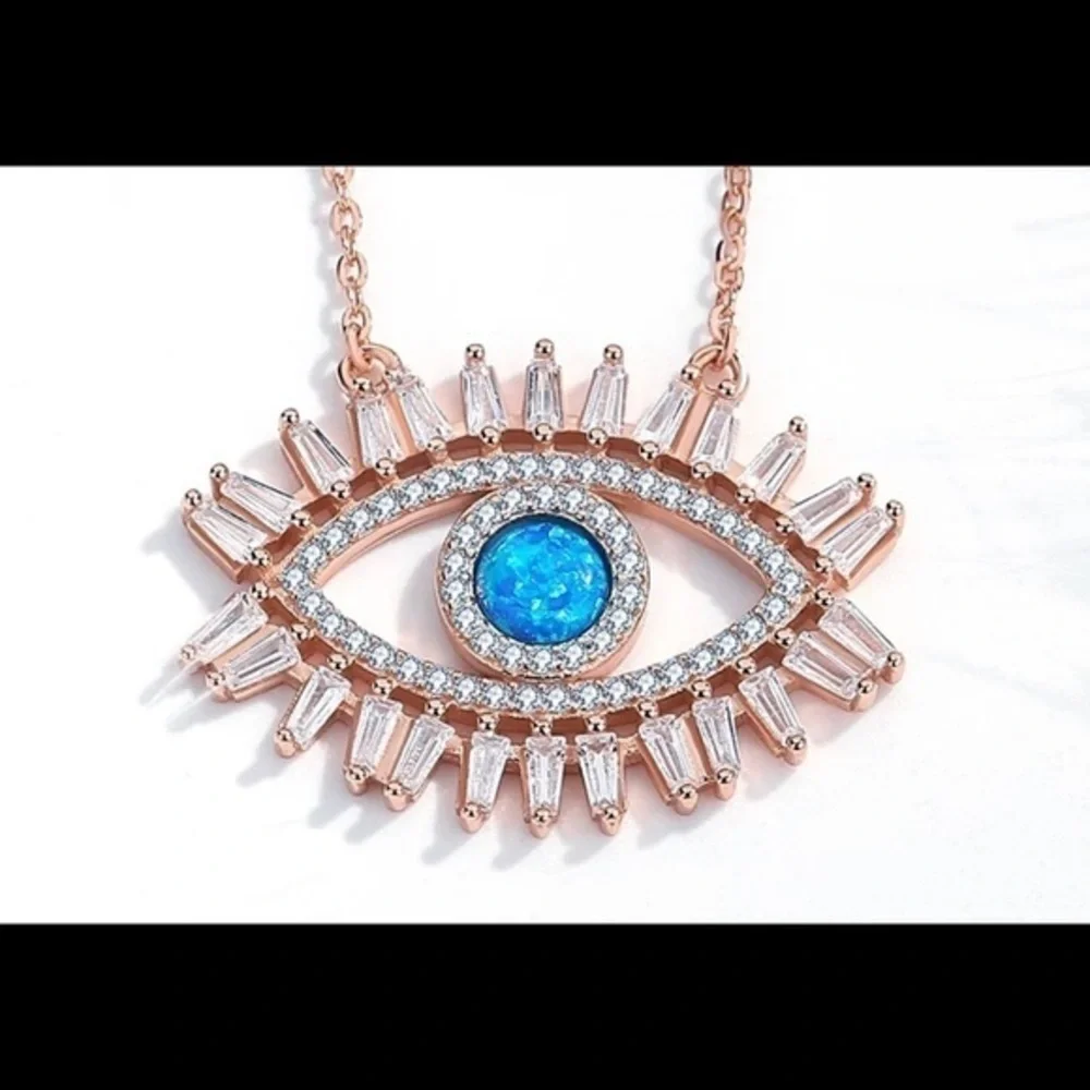 925 Sterling Silver Rose Gold Plated Crystal CZ Evil Eye Necklace